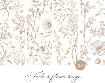 Beige Chinoiserie Wildflower Seamless Patterns: Vintage Style (JPG Digital Download)