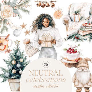 Clipart de Natal de inverno em aquarela, Papai Noel, guirlandas, decorações de Natal, meninas de Natal, árvore de Natal, boneco de neve, bolos, lareira