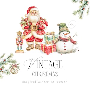 Aquarell Winter Clipart, Vintage Stil, Weihnachten Clipart, Winter Landschaft, Blumenkränze, Santa, Weihnachtsbaum, Schneemann, Nussknacker