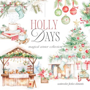 Clipart de Natal de inverno em aquarela, buquês de inverno, bebidas de inverno, guirlandas florais, decorações de Natal, árvore de Natal, casas, lareira