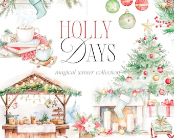 Puede incluir: Ilustraciones de acuarela de elementos navideños de invierno, que incluyen un árbol de Navidad, una chimenea, un puesto de mercado, una media, adornos y una corona. El texto "HOLLY DAYS magical winter collection watercolor festive elements" está incluido en la imagen.