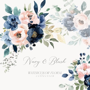 Clipart bouquets de fleurs aquarelle bleu marine et fard à joues, aquarelle roses fard à joues, pivoines, roses bleu marine et pivoines, clipart floral, clipart mariage
