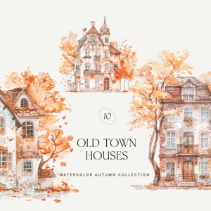 Imágenes Prediseñadas de acuarela, imágenes prediseñadas de otoño, escenas de la ciudad de otoño, imágenes prediseñadas de casas, casas de otoño de acuarela, paisaje de otoño, otoño de acuarela, temporada de otoño