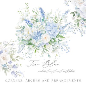 Arreglos florales en acuarela de color azul polvoriento, esquinas florales, arcos florales, rosas blancas de color azul polvoriento, clipart floral de boda en acuarela