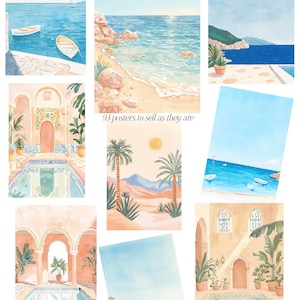 May include: A collection of nine watercolor paintings depicting various scenes of the Mediterranean. The paintings feature blue skies, turquoise waters, sandy beaches, palm trees, and architectural details.  The text "93 posters to sell as they are" is included in the image.