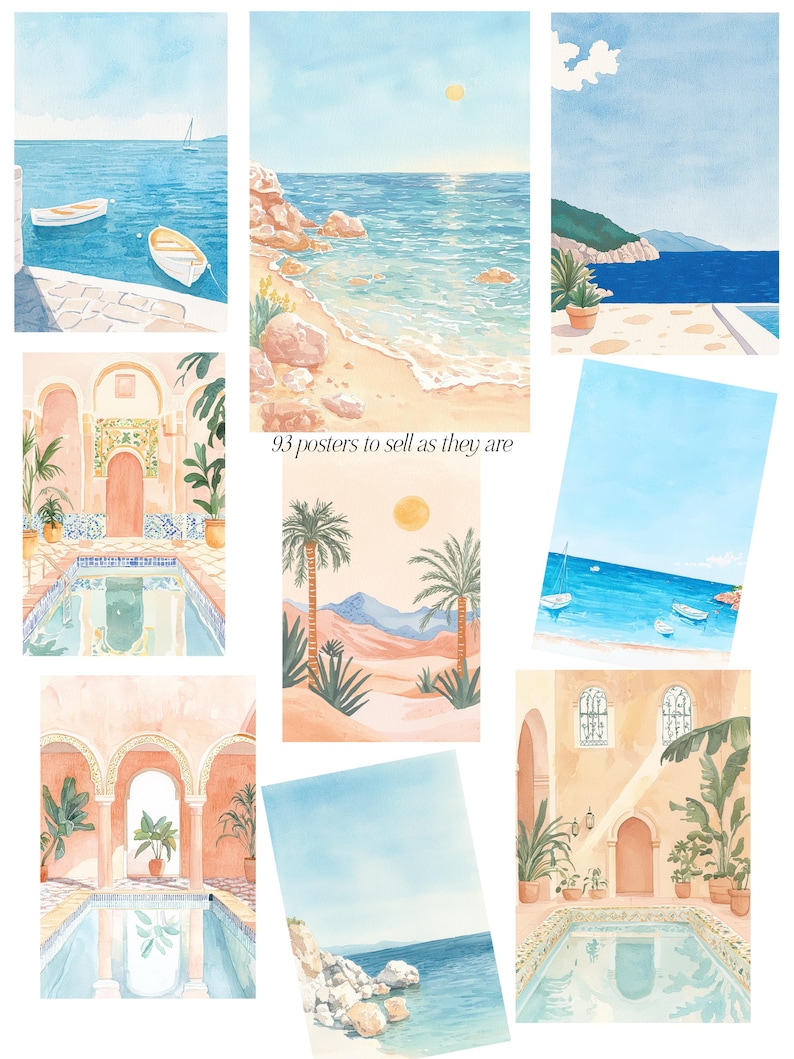 May include: A collection of nine watercolor paintings depicting various scenes of the Mediterranean. The paintings feature blue skies, turquoise waters, sandy beaches, palm trees, and architectural details.  The text "93 posters to sell as they are" is included in the image.