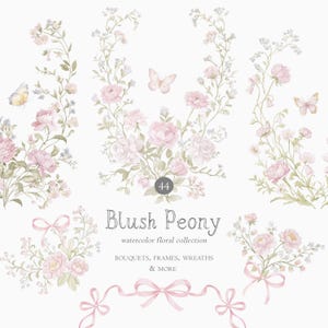 Può includere: Collezione floreale ad acquerello con peonie rosa blush, farfalle e delicato fogliame verde. Il design include bouquet, cornici, ghirlande e nastri. Il testo recita "Blush Peony" e "watercolor floral collection".
