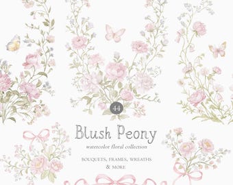 Watercolor Blush Peonies Clipart Set: Bouquets, Frames, Wreaths, Ribbons
