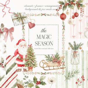 May include: A digital collection of watercolor Christmas illustrations featuring Santa Claus, a decorated tree, a sleigh, holly, red ornaments, gift boxes, and lanterns. The text reads the MAGIC SEASON watercolor seasonal collection.