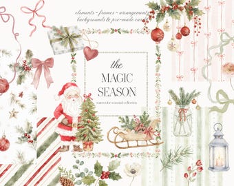 Watercolor Christmas Clipart, Vintage Holiday, Santa Claus, Christmas Bows, Ornaments, Holly, Winter Florals & Patterns
