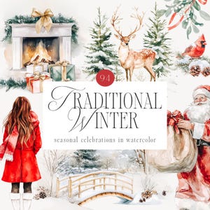 Clipart Noël Hiver Aquarelle, Père Noël, Paysage D'hiver, Couronnes D'hiver, Décorations De Noël, Noël Pour Filles, Cheminée, Gâteaux