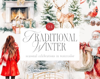 Clipart navideño en acuarela: Paisaje invernal, Papá Noel y coronas (descarga digital)
