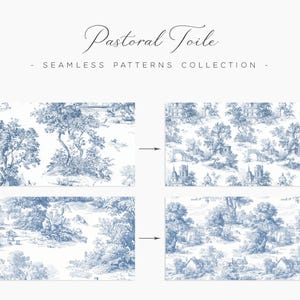 May include: The image showcases a collection of seamless patterns titled "Pastoral Toile." The patterns feature detailed blue and white illustrations of idyllic landscapes with trees, buildings, and figures. The collection is presented in a clean, elegant layout.