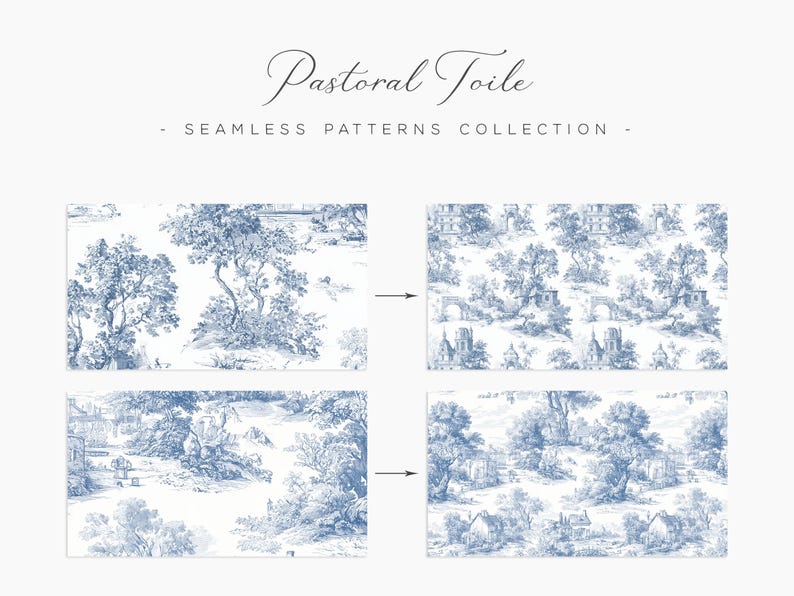 May include: The image showcases a collection of seamless patterns titled "Pastoral Toile." The patterns feature detailed blue and white illustrations of idyllic landscapes with trees, buildings, and figures. The collection is presented in a clean, elegant layout.