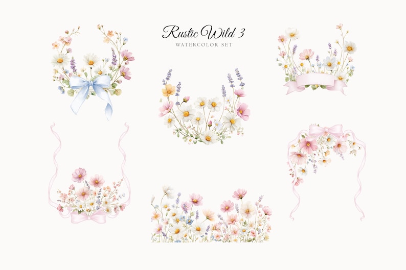 May include: Watercolor floral set titled "Rustic Wild 3". The image features several arrangements of flowers, including daisies, lavender, and pink blooms. Some arrangements include ribbons and bows in pastel colors. The text "Rustic Wild 3 WATERCOLOR SET" is at the top.