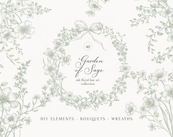 Vintage Wildflowers Line Art Sage Green Collection, DIY Elements, Floral Arrangements, PNG clipart