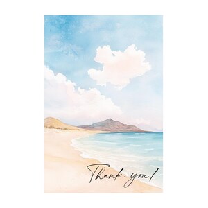 May include: A watercolor painting of a beach scene with a sandy beach, blue ocean, and a mountain range in the background. The sky is blue with white clouds. The text "Thank you!" is written in black cursive at the bottom of the image.