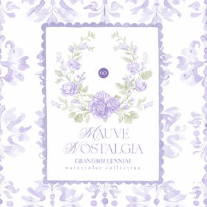 Colección de imágenes prediseñadas Grandmillenial en acuarela malva con lila, violeta pastel y verde, patrones, marcos, coronas y escudos, estilo vintage