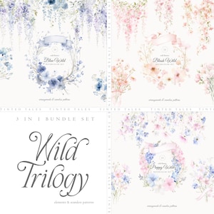 Trilogie sauvage à l'aquarelle, 3 en 1, arrangements de fleurs sauvages rose et bleu, clipart coquette rose et bleu, motifs sans couture, clipart mariage