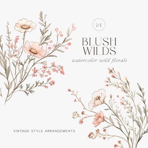 Clipart floral de acuarela, estilo vintage, ramos de flores silvestres ruborizadas, coronas, flores rosa ruborizadas, clipart floral de primavera, clipart de boda