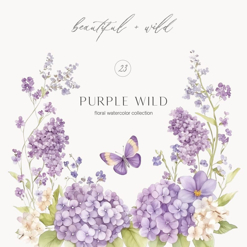 Watercolor Purple Floral Clipart: Lilac, Hydrangea (Digital Download) image 1