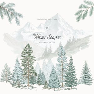 Könnte beinhalten: Aquarellillustration einer Winterlandschaft mit Kiefernwäldern und schneebedeckten Bergen. Das Bild enthält den Text "Winter Scapes" und "Watercolor Set". Die Farbpalette ist weich, mit Grüntönen, Grau und Weiß.