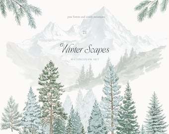 Watercolor Winter Scapes Clipart: Pine Forest, Mountain Scenes