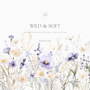 Aquarell Florale Bordüren, Dusty Blue Wildblumen Bordüre, weiße und violette Wildblumen, Prärieblumen, Neutrale Blumen, Hochzeit Clipart