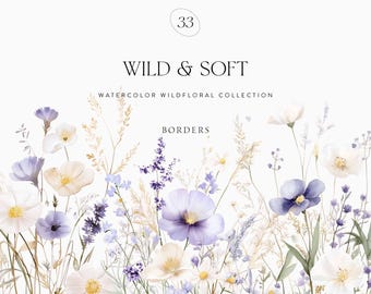 Bordes de flores silvestres en acuarela: flores en azul pálido y violeta (descarga digital PNG)