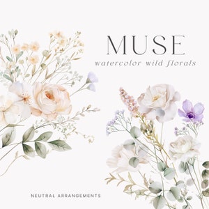 Aquarell Neutral Blumen Clipart, Wildblumen Clipart, Blumensträuße, Blumenrahmen, Blumen, Hochzeit Florals, unbegrenzte Verkaufslizenz