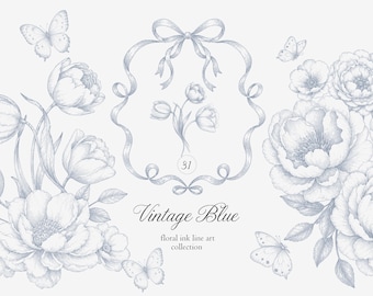 Vintage Floral Line Art Blue Clipart Collection, Butterflies, Frames