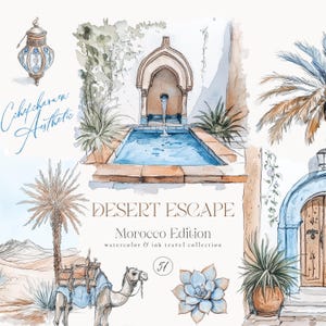 Clipart désert aquarelle, clipart voyage aquarelle marocaine, clipart aquarelle Maroc, chameau, paysage marocain, tenue d'un journal