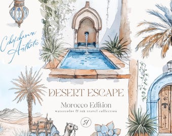Watercolor Moroccan Clipart: Desert Travel Collection (PNG, 300 DPI)