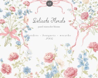 May include: A digital illustration featuring pastel watercolor floral designs. The image showcases pink peonies, blue wildflowers, and delicate greenery, with pink ribbons and the text "Delicate Florals".