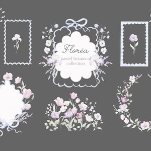 May include: Watercolor illustrations of floral designs in pastel colors. The image includes frames, wreaths, and bouquets with flowers and butterflies. Text reads "Flor&eacute;a pastel botanical collection."
