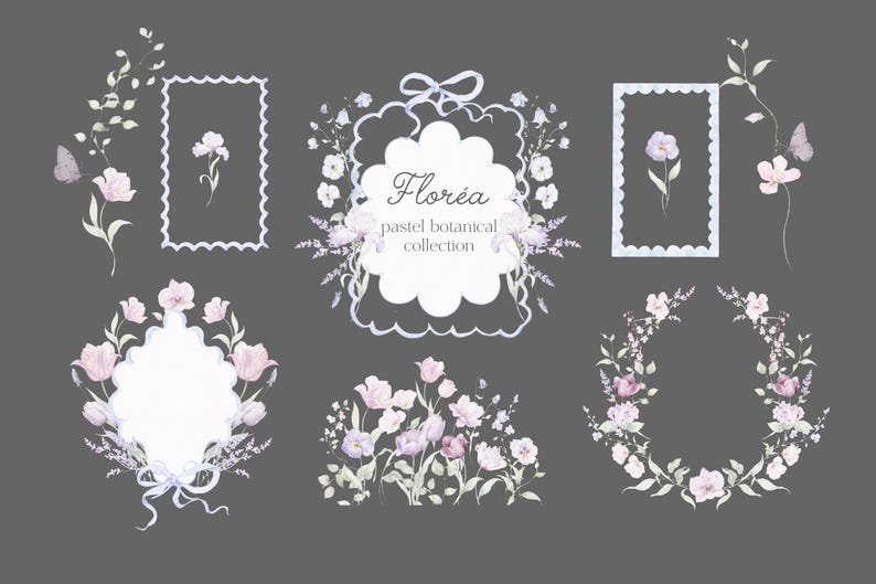 May include: Watercolor illustrations of floral designs in pastel colors. The image includes frames, wreaths, and bouquets with flowers and butterflies. Text reads "Flor&eacute;a pastel botanical collection."