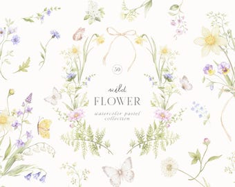 Pastel Wildflower Watercolor Clipart, Botanical Floral PNG, Cottagecore Garden Elements (Commercial Use)