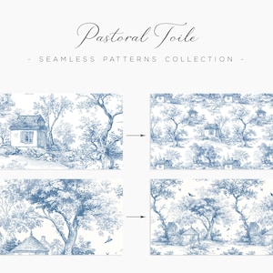 May include: Pastoral Toile seamless patterns collection. The image shows four different patterns with a blue and white color scheme. The patterns depict a rural landscape with houses, trees, and birds. The text "Pastoral Toile" is at the top.