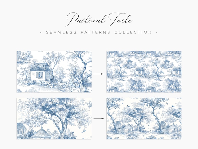 May include: Pastoral Toile seamless patterns collection. The image shows four different patterns with a blue and white color scheme. The patterns depict a rural landscape with houses, trees, and birds. The text "Pastoral Toile" is at the top.