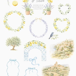 May include: Watercolor illustrations featuring lemons, olives, and lavender. The image includes wreaths, arches, and scenic views of Mediterranean landscapes. Text reads "Lemon & Olive, Watercolor Mediterranean Collection."