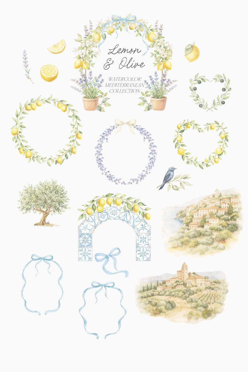 May include: Watercolor illustrations featuring lemons, olives, and lavender. The image includes wreaths, arches, and scenic views of Mediterranean landscapes. Text reads "Lemon & Olive, Watercolor Mediterranean Collection."