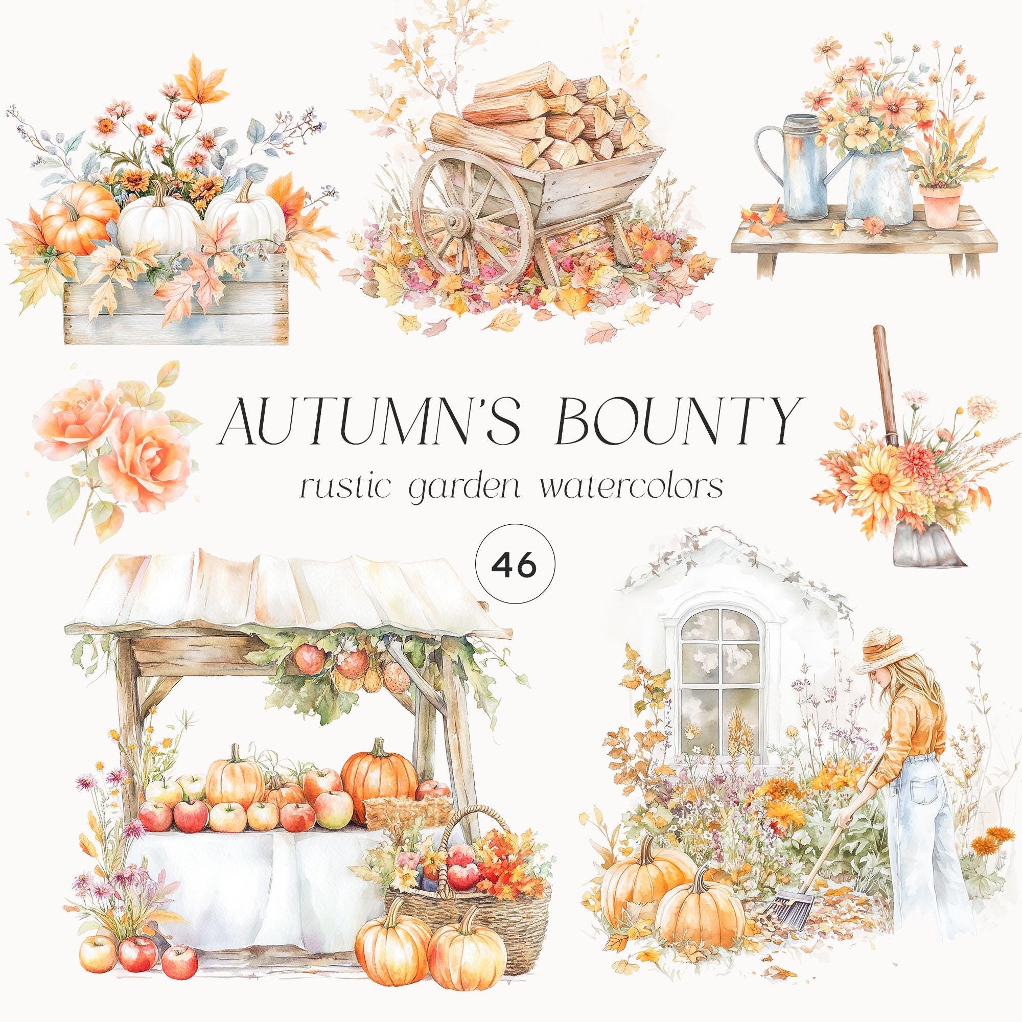 Clipart de acuarela de otoño: Escenas rústicas de la cosecha otoñal (46 PNG)
