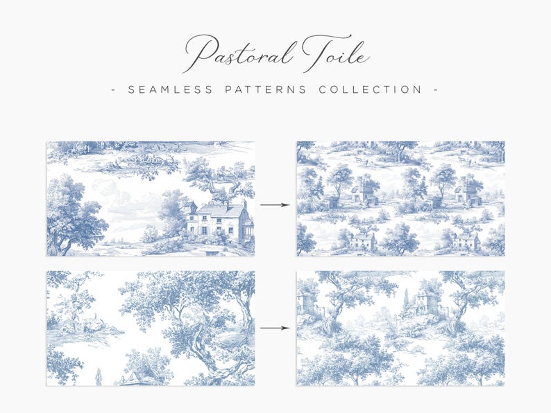 May include: Four blue and white seamless patterns with a pastoral toile design. The patterns feature illustrations of landscapes with trees, houses, and other architectural elements. The text "Pastoral Toile - Seamless Patterns Collection" is at the top.