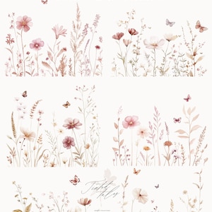 Puede incluir: Ilustraci&oacute;n de acuarela de una colecci&oacute;n de flores silvestres rosas y marrones con mariposas. La ilustraci&oacute;n se titula "Earthy Blooms Watercolor Wildfloral Collection".