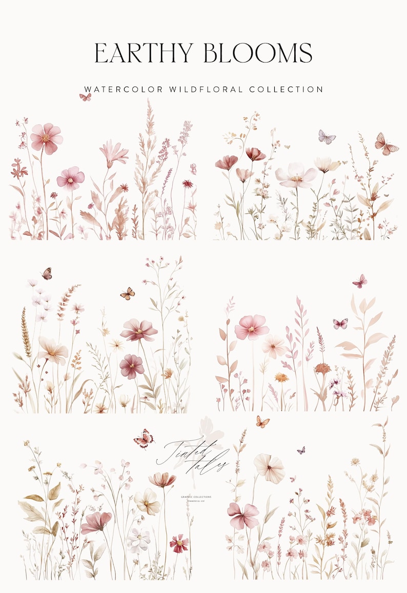 Puede incluir: Ilustraci&oacute;n de acuarela de una colecci&oacute;n de flores silvestres rosas y marrones con mariposas. La ilustraci&oacute;n se titula "Earthy Blooms Watercolor Wildfloral Collection".