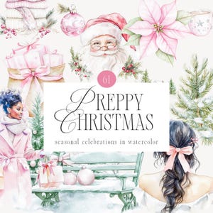 Clipart de Natal em aquarela, Natal rosa, Papai Noel, Garota de Natal, Cena de inverno, Buquê, Bordas, Árvore de Natal, Casa aconchegante