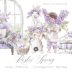 Clipart de primavera rústica en acuarela, conejito de Pascua, ramos de lilas malva, composiciones de primavera en acuarela, primavera cottagecore, niña, niño