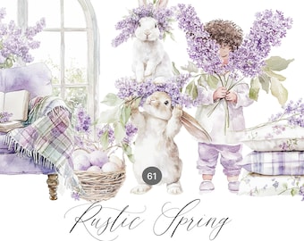 Clipart de primavera en acuarela: Conejito de Pascua rústico, ramos de lilas (descarga digital)