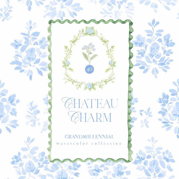 Clipart de acuarela Grandmillennial: crestas florales azules, marcos y coronas (descarga digital)
