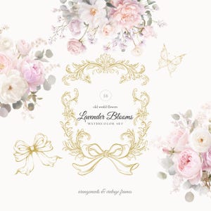Aquarell Blumensammlung Clipart, Blumensträuße, Lavendel rosa Rosen, Vintage Florals Clipart, Vintage Goldene Motive, Vintage Stil
